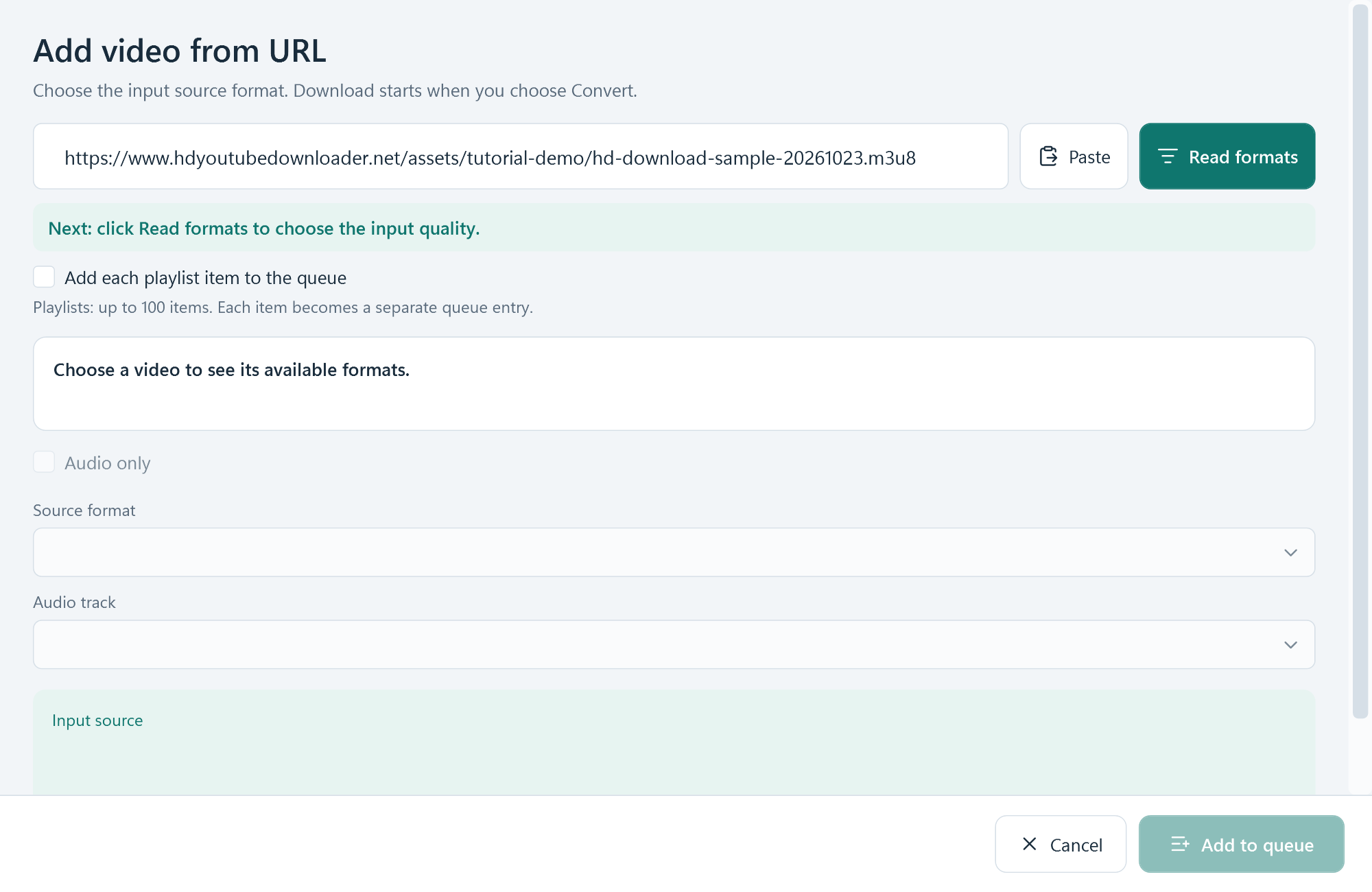 Free YouTube Downloader HD Add video from URL dialog with the online sample address