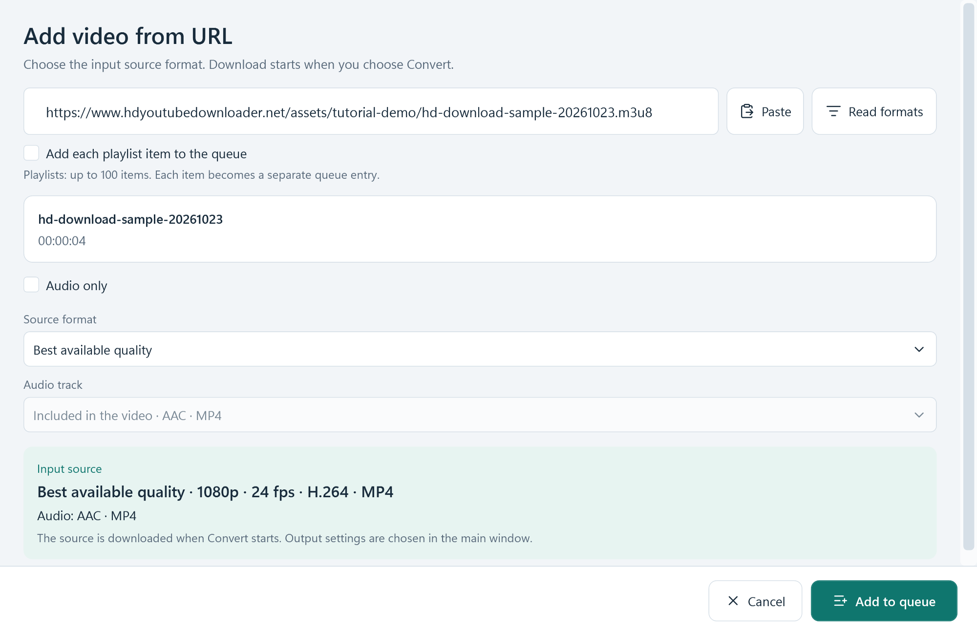 Read formats result showing a real 1080p 24 fps H.264 video source with AAC audio